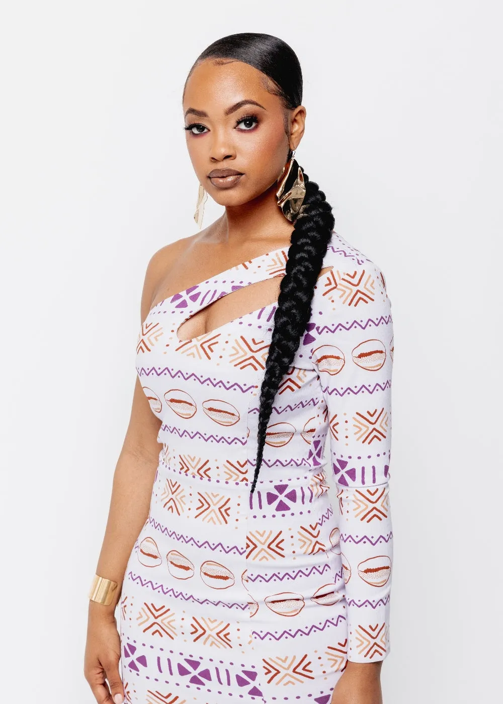 Deja Women's African Print One Stretch Shoulder Dress with Cut-Out (Mauve Plum Mudcloth) - Clearance sold by D'iyanu product image thumbnail 3