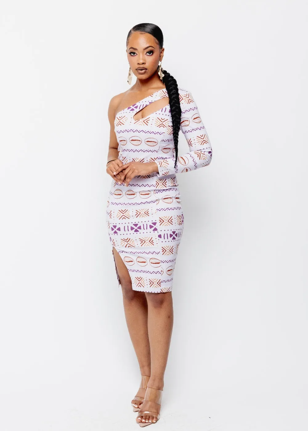 Deja Women's African Print One Stretch Shoulder Dress with Cut-Out (Mauve Plum Mudcloth) - Clearance sold by D'iyanu product image thumbnail 5