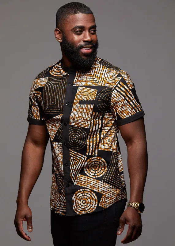 Olu Short Sleeve Mandarin Button-Up African Print Shirt (Black Brown Geometric) sold by D'iyanu