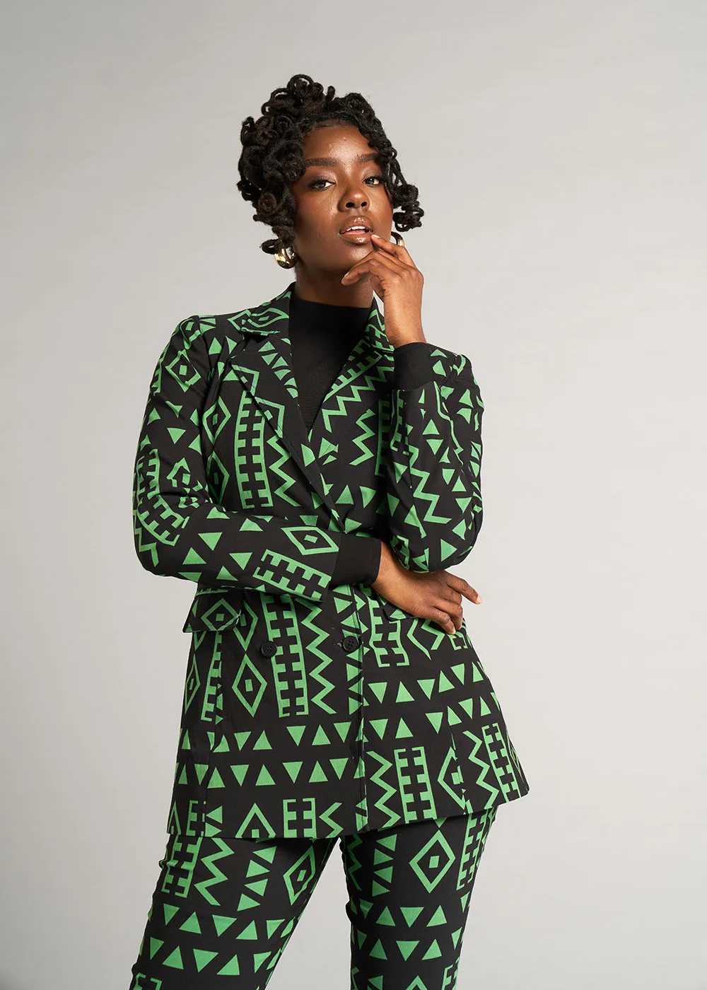 Uyai Women's African Print Stretch Blazer (Moss Black Geometric) - Clearance sold by D'iyanu product image thumbnail 3