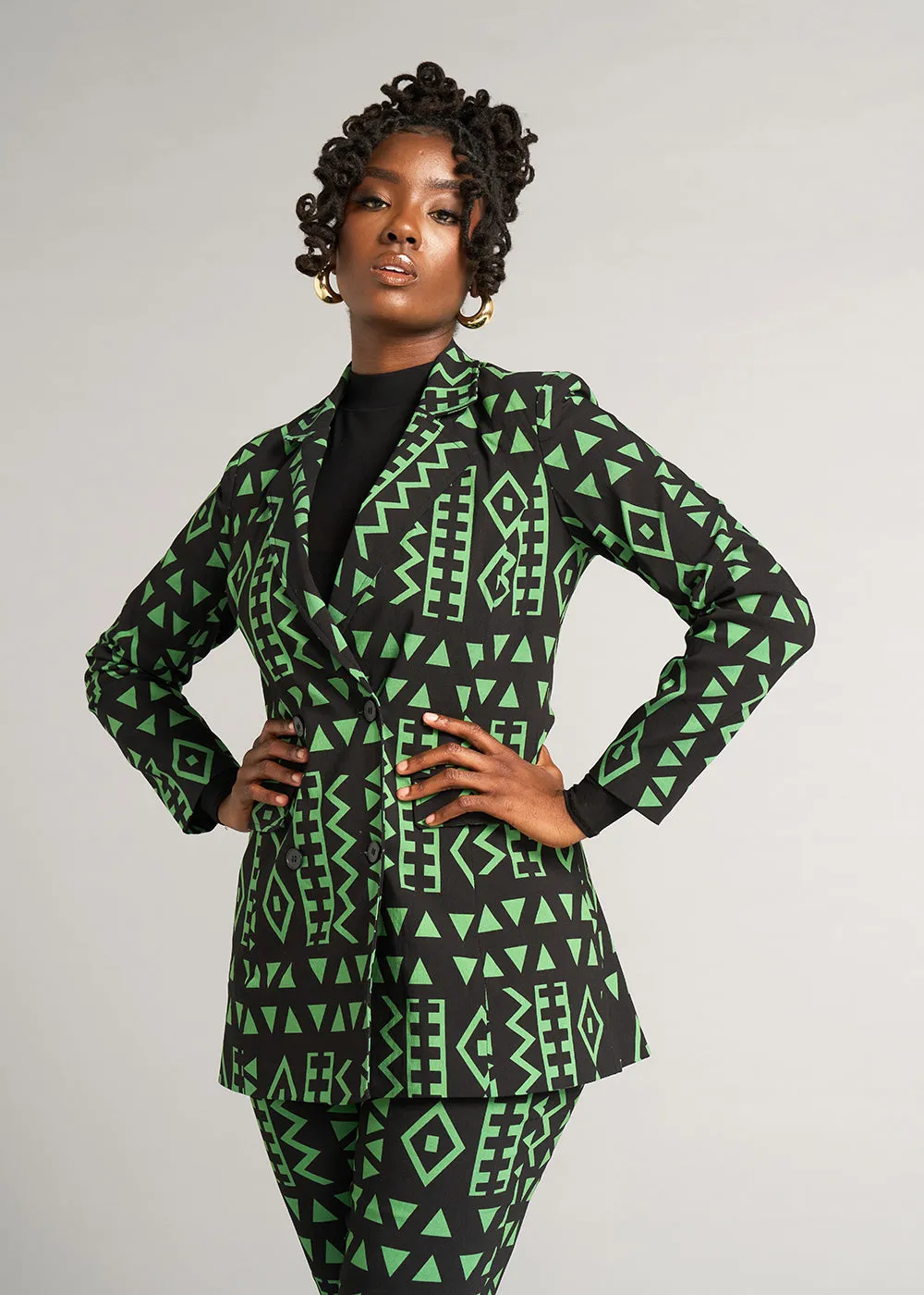 Uyai Women's African Print Stretch Blazer (Moss Black Geometric) - Clearance sold by D'iyanu