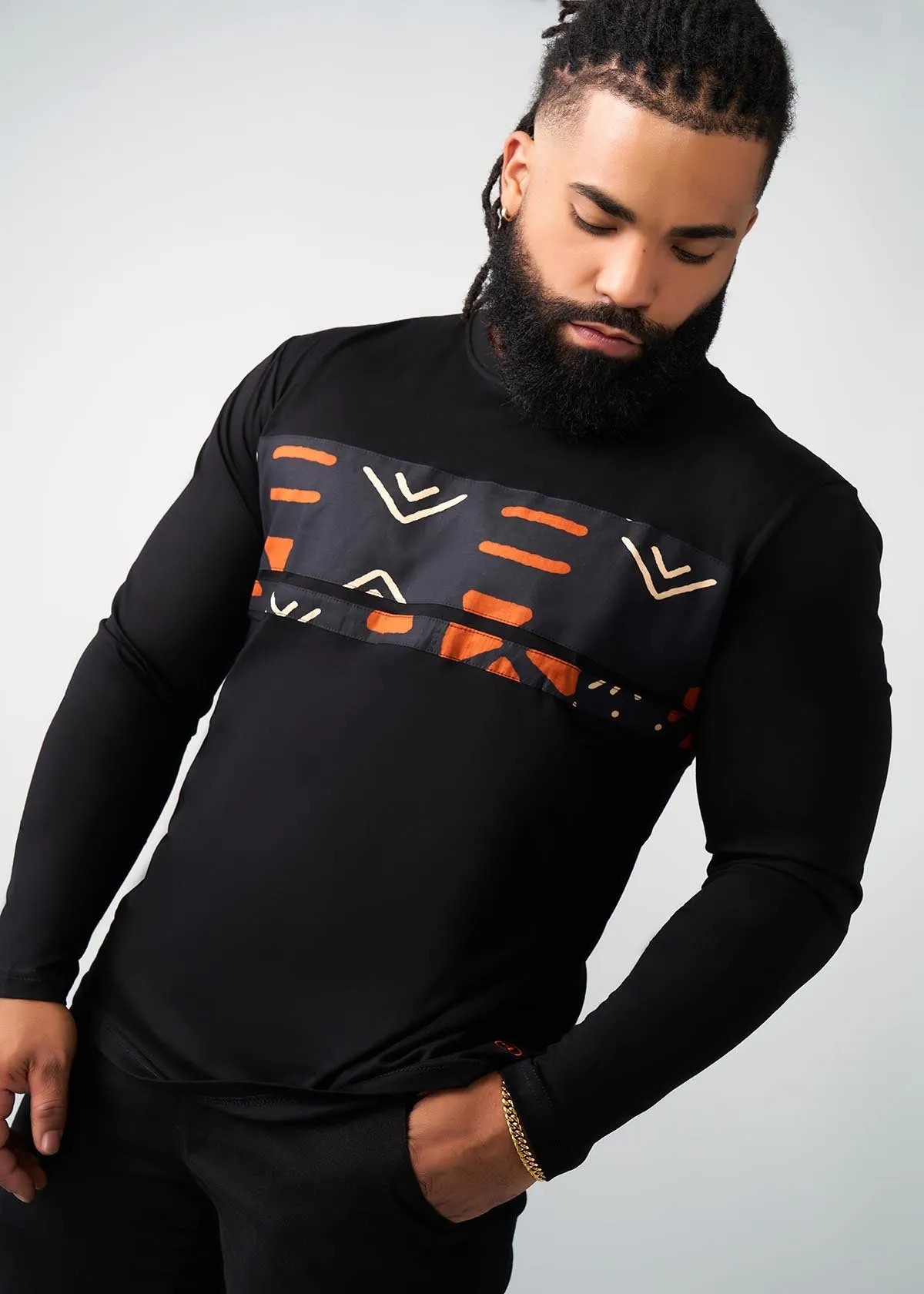 Ore Men's African Print Long Sleeve T-shirt (Black/Natural Mudcloth) sold by D'iyanu