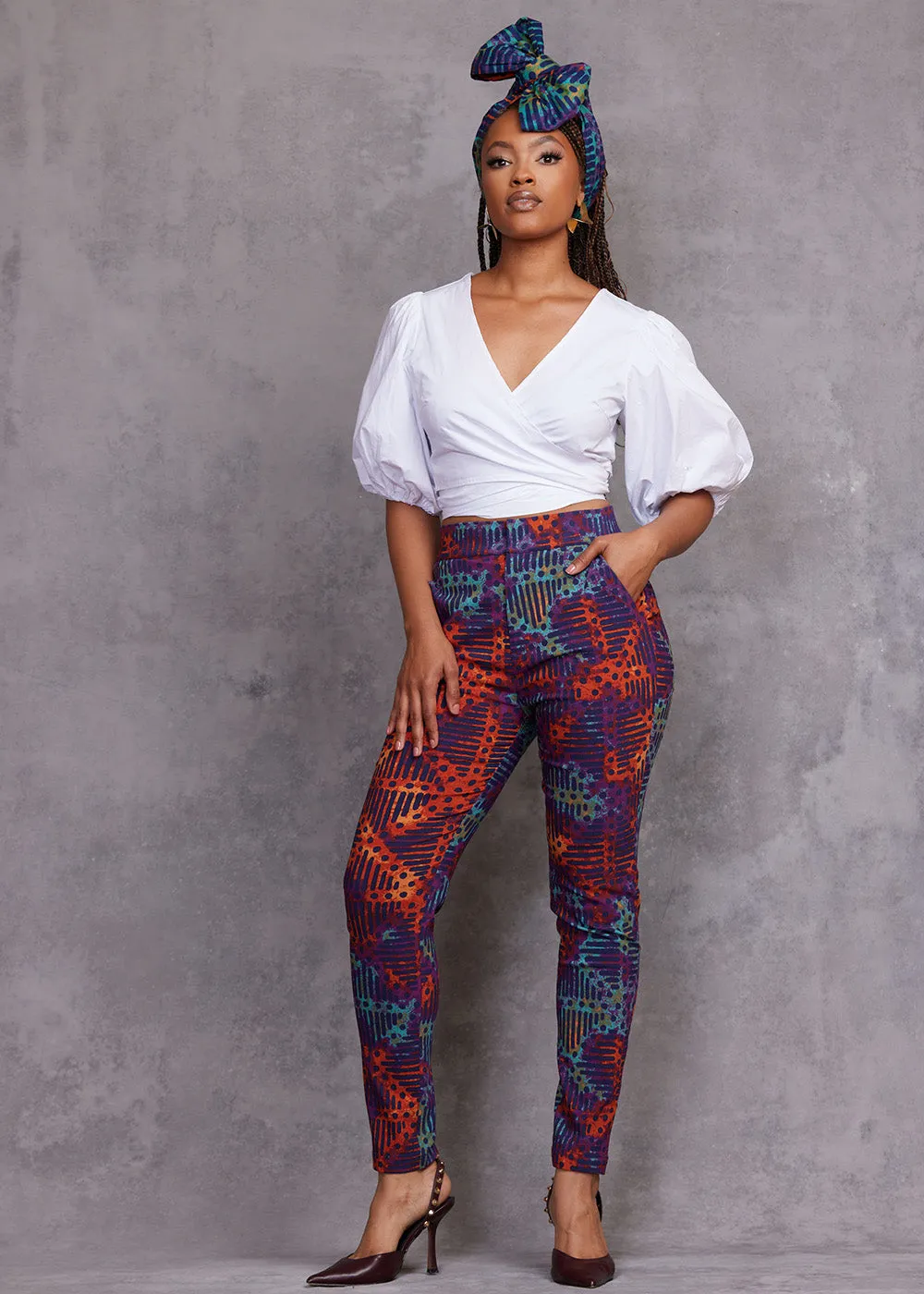 Talia Women's African Print Stretch Pants (Jade Amber Adire) sold by D'iyanu product image thumbnail 4