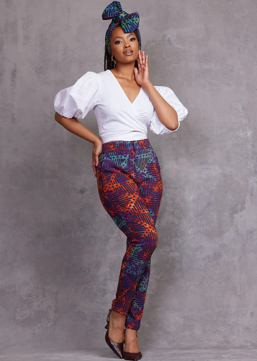 Talia Women's African Print Stretch Pants (Jade Amber Adire) sold by D'iyanu product image thumbnail 2
