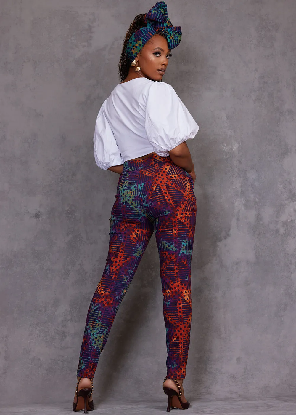 Talia Women's African Print Stretch Pants (Jade Amber Adire) sold by D'iyanu product image thumbnail 3