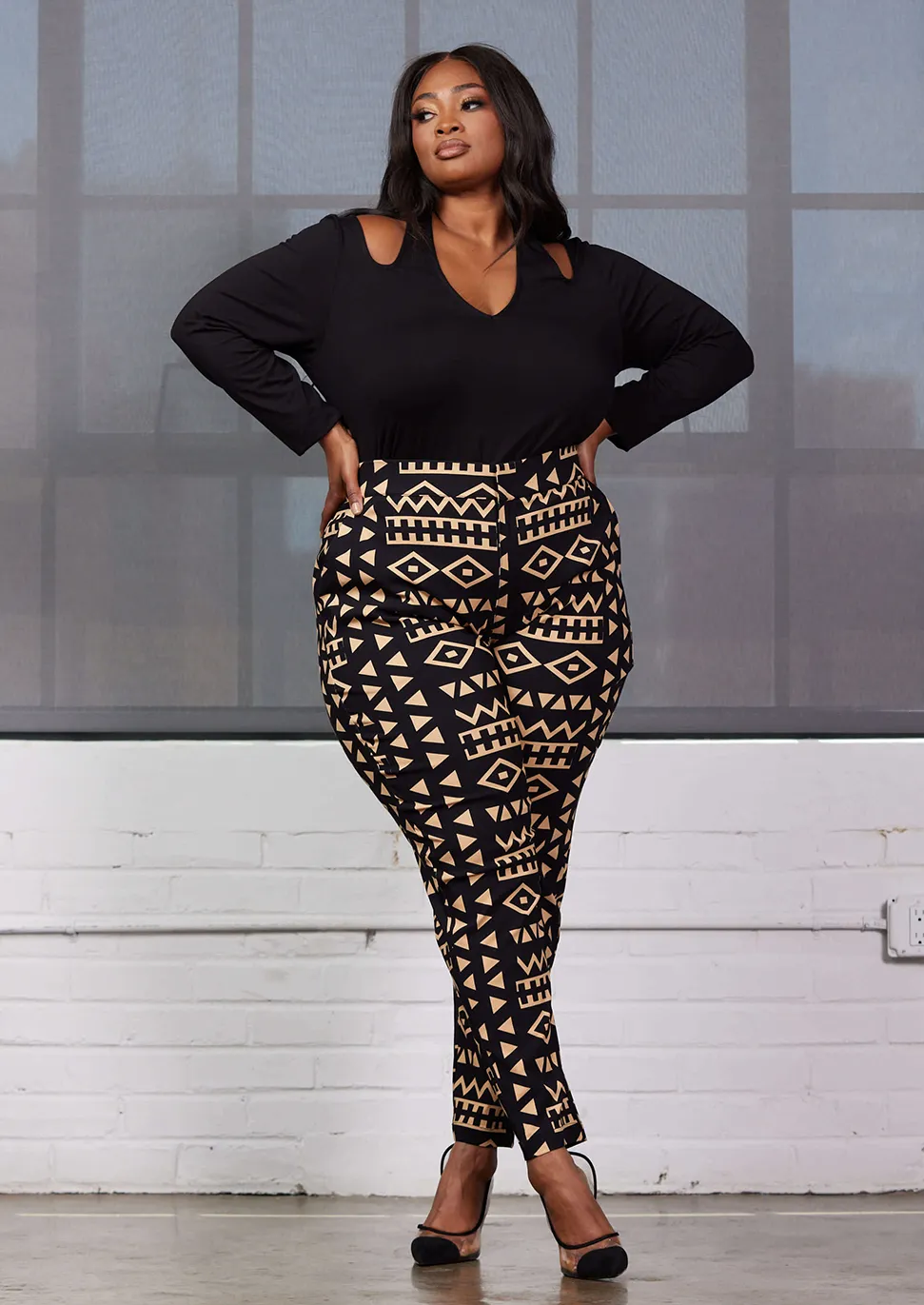 Talia Women's African Print Stretch Pants (Tan Black Tribal) sold by D'iyanu product image thumbnail 3