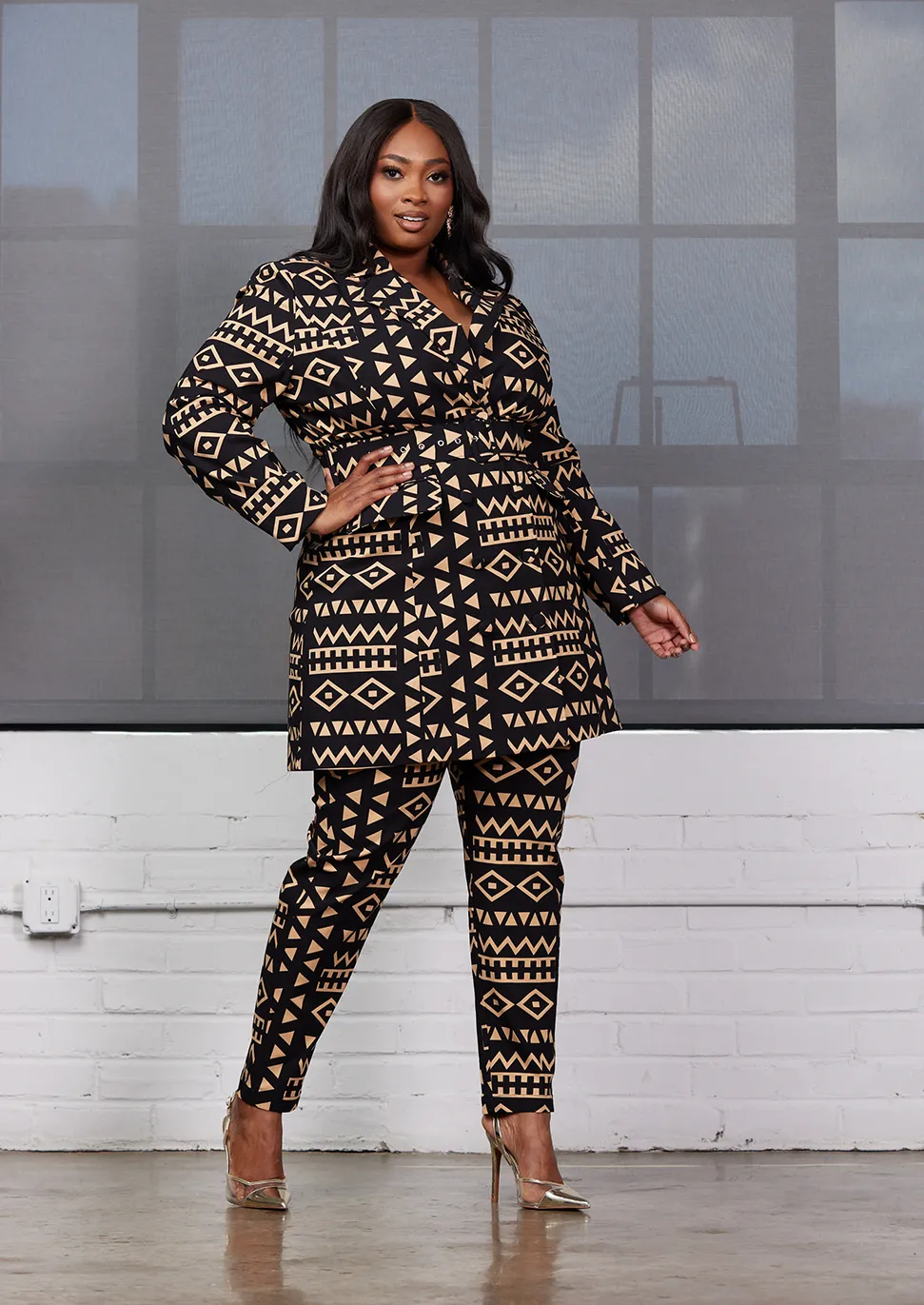 Talia Women's African Print Stretch Pants (Tan Black Tribal) sold by D'iyanu product image thumbnail 4