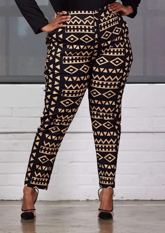Talia Women's African Print Stretch Pants (Tan Black Tribal) sold by D'iyanu product image thumbnail 2