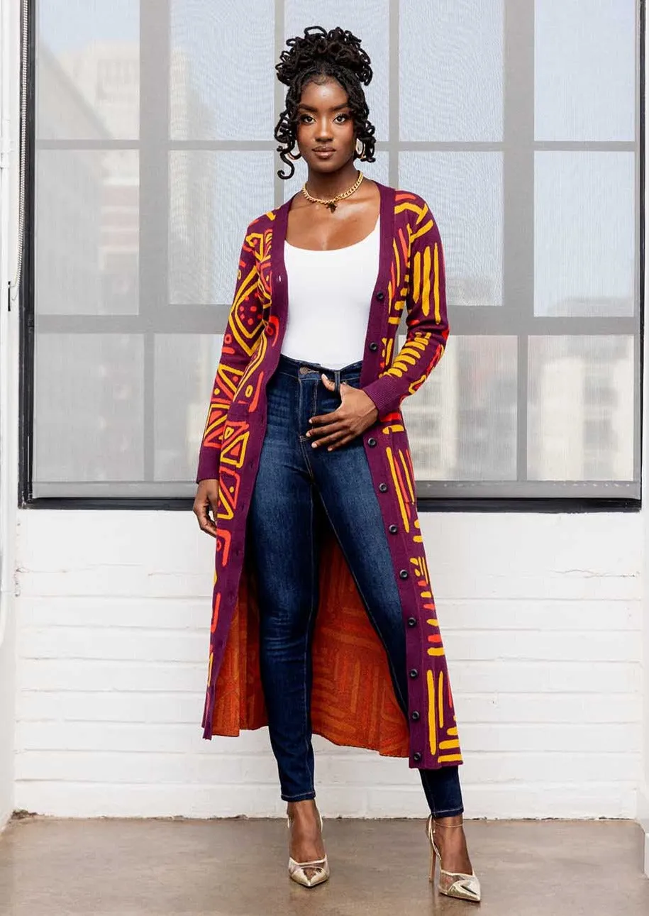Aisha Women's African Print Cardigan (Plum Gold Tribal) sold by D'iyanu product image thumbnail 2