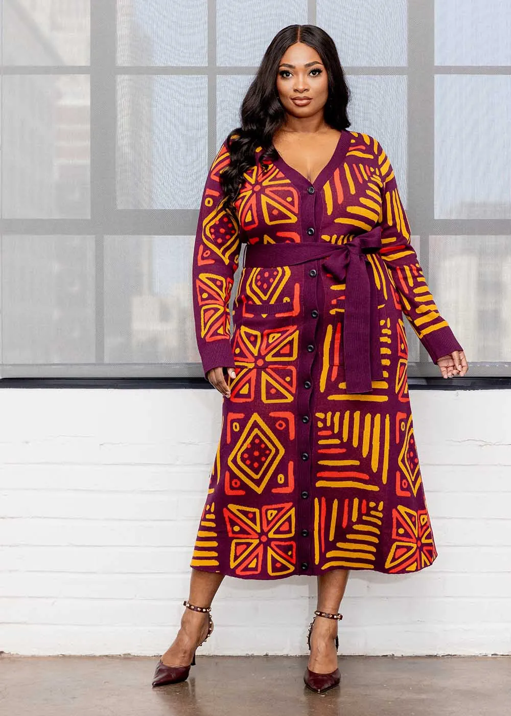 Aisha Women's African Print Cardigan (Plum Gold Tribal) sold by D'iyanu