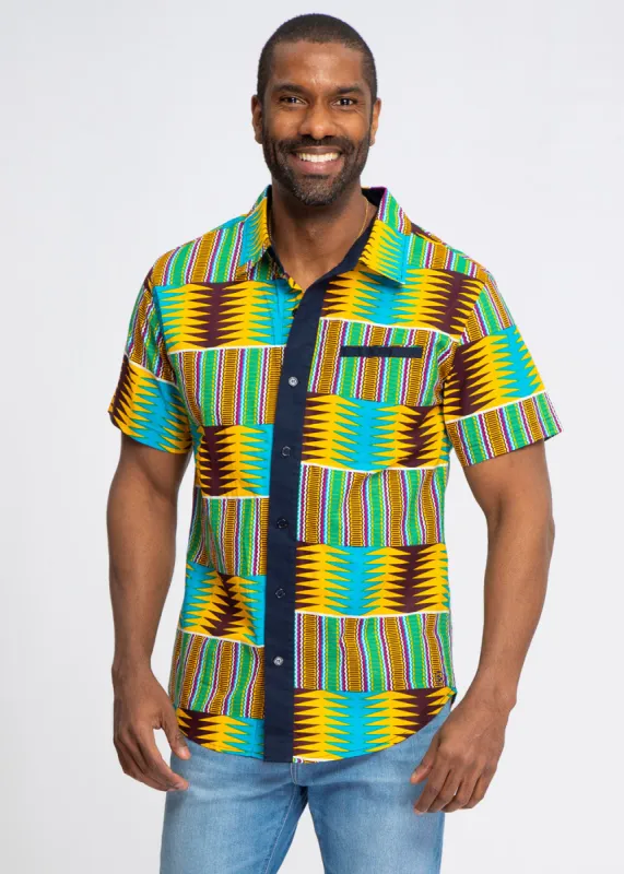 Dhiso Men's African Print Color-Blocked Button-Up Shirt (Turquoise Yellow Kente) - Clearance sold by D'iyanu
