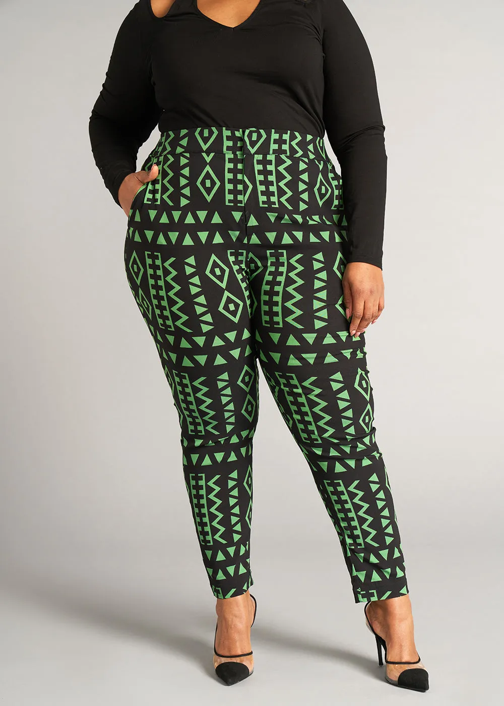 Talia Women's African Print Stretch Pants (Moss Black Geometric) - Clearance sold by D'iyanu