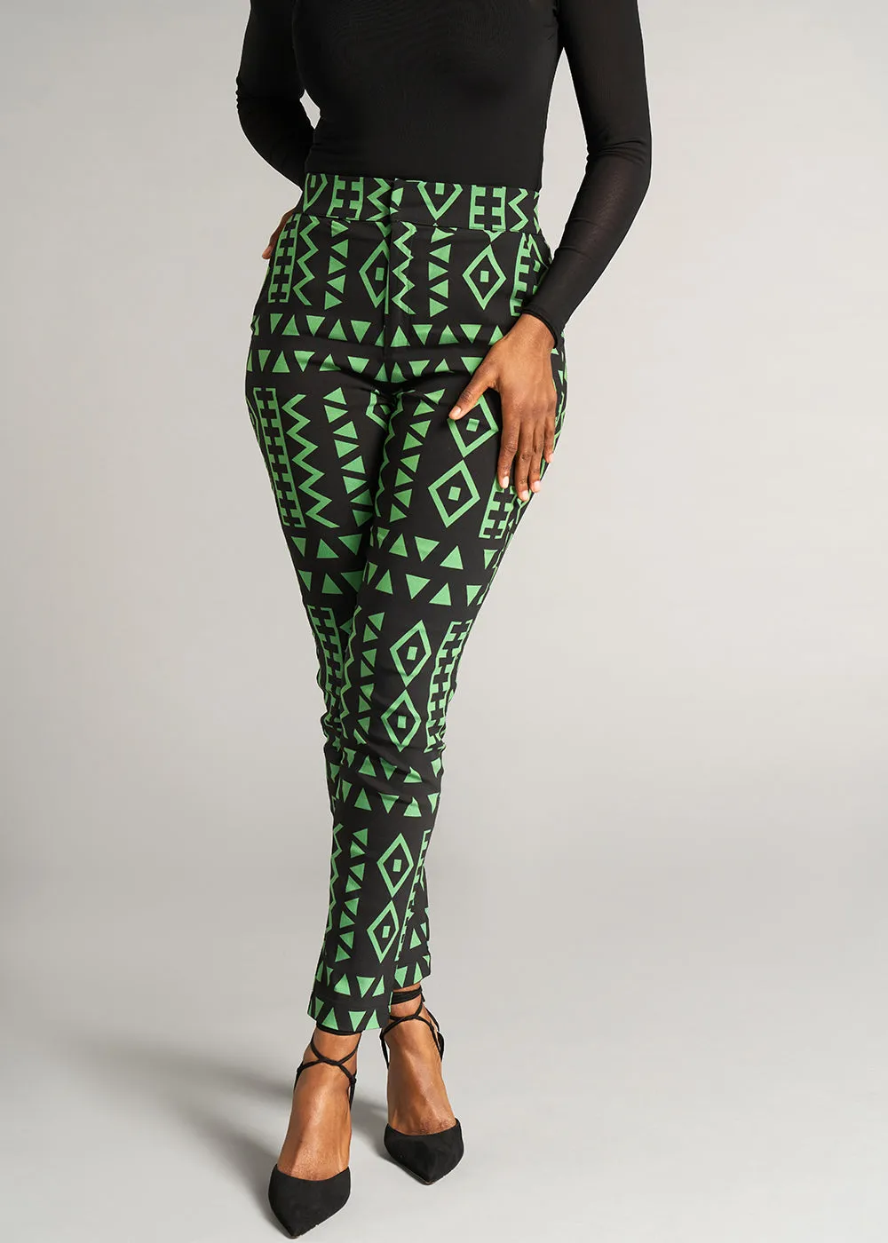 Talia Women's African Print Stretch Pants (Moss Black Geometric) - Clearance sold by D'iyanu product image thumbnail 2