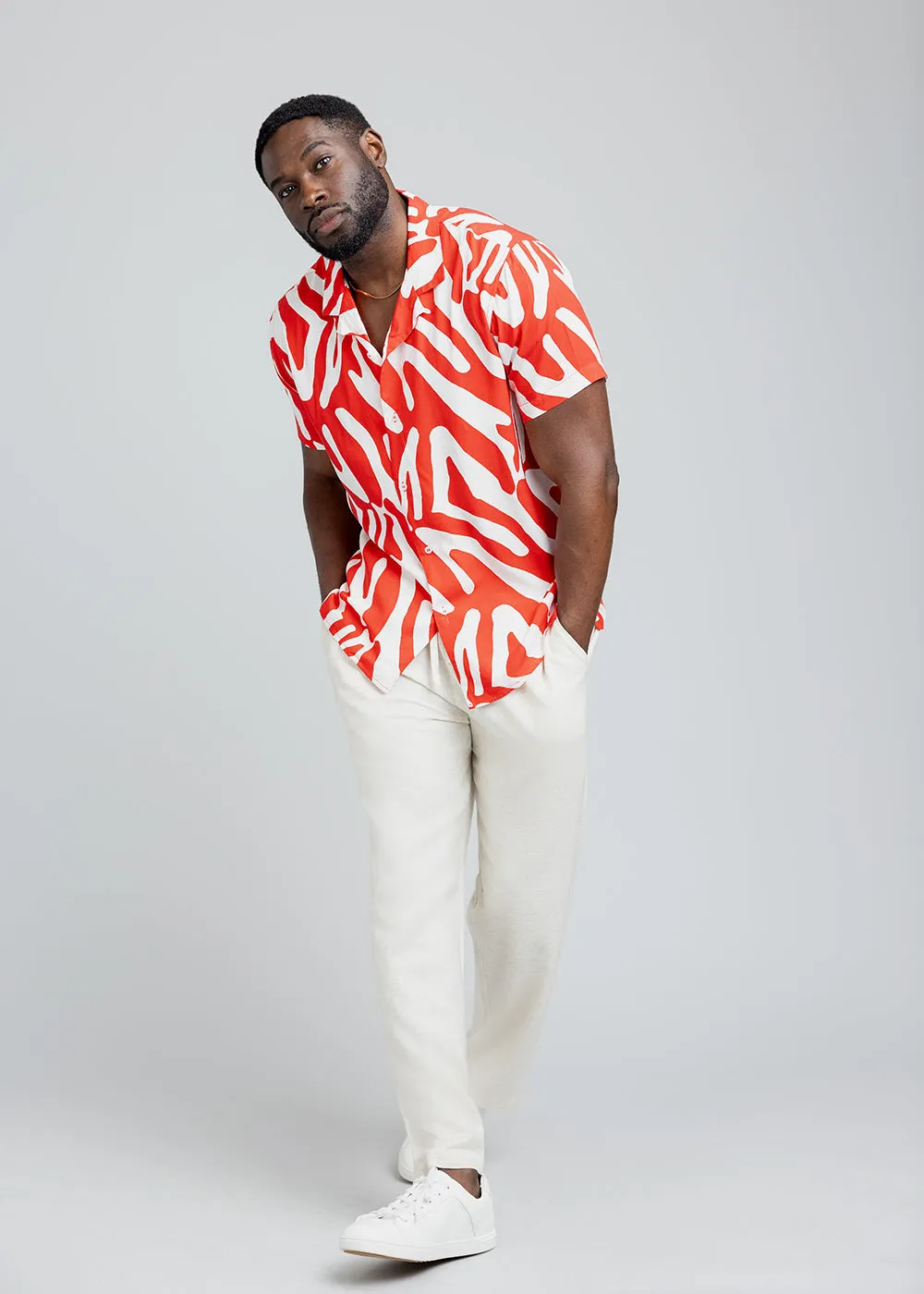 Malik Men's African Print Button-Up Shirt (Deep Orange Zebra Abstract) sold by D'iyanu product image thumbnail 2