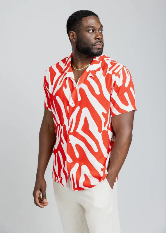Malik Men's African Print Button-Up Shirt (Deep Orange Zebra Abstract) sold by D'iyanu