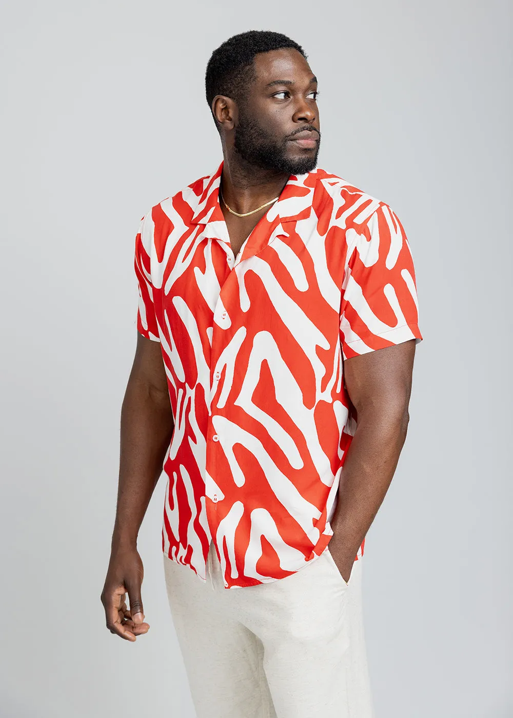 Malik Men's African Print Button-Up Shirt (Deep Orange Zebra Abstract) sold by D'iyanu