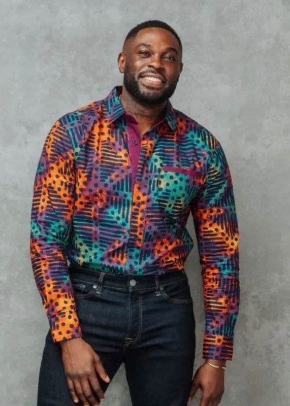 Chane Men's African Print Button-Up Shirt (Jade Amber Adire) sold by D'iyanu