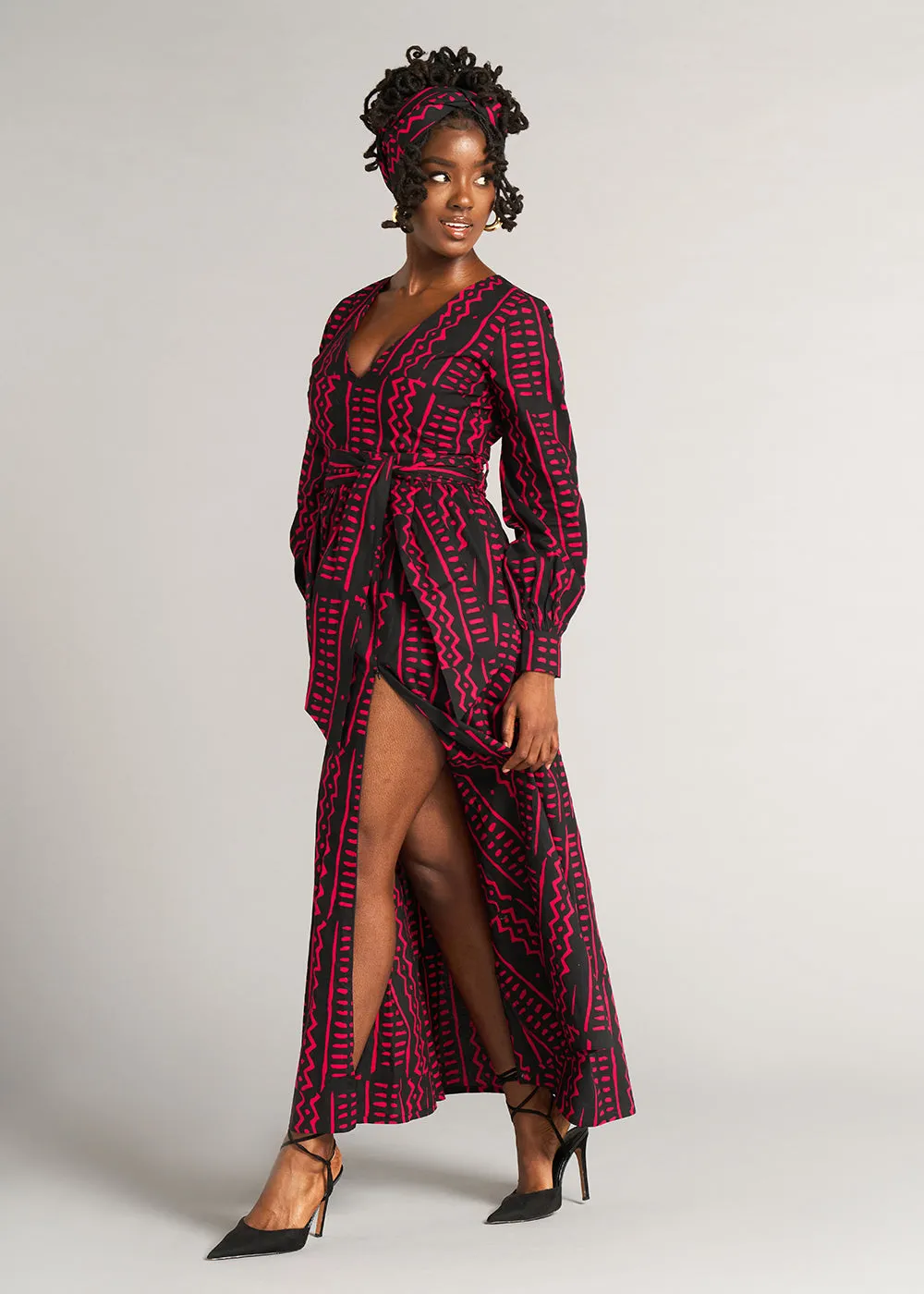 Abiba Women's African Print Maxi Dress (Black Magenta Tribal) - Clearance sold by D'iyanu