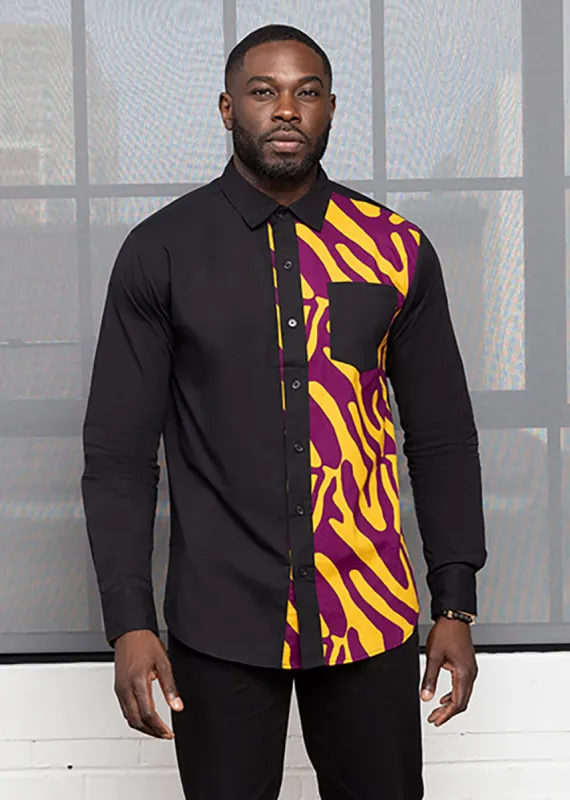 Abiade Men's African Print Button-Up Shirt (Black/Gold Zebra Abstract) sold by D'iyanu