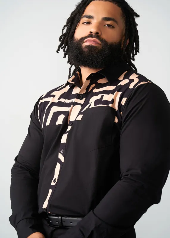 Chike Men's African Print Button-up Shirt (Black Tan Geometric) sold by D'iyanu