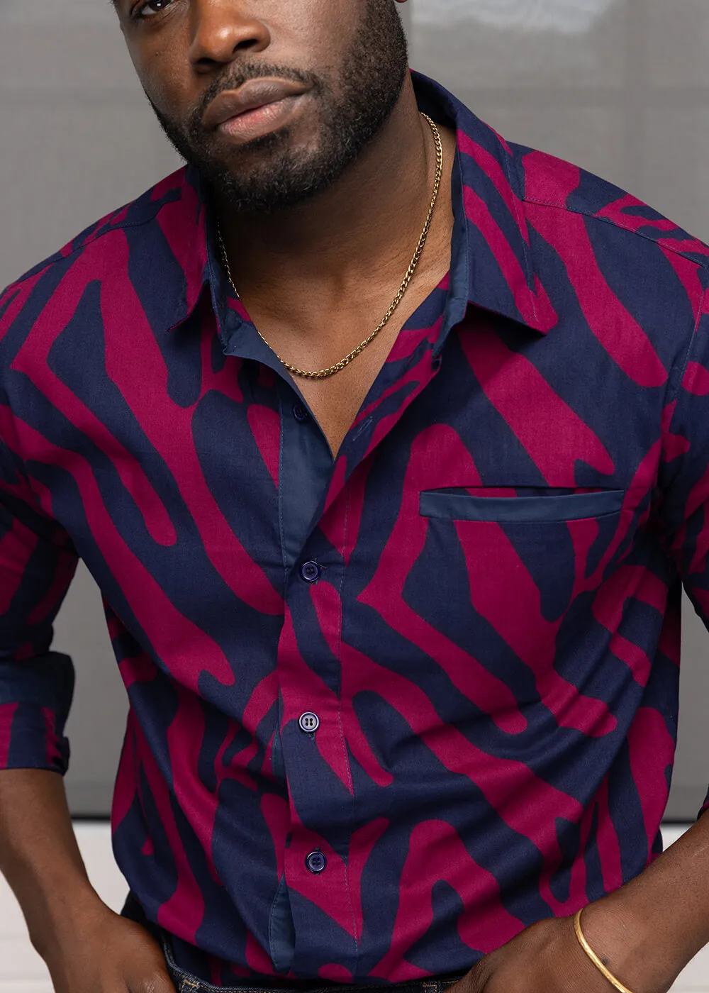 Chane Men's African Print Button-Up Shirt (Berry Zebra Abstract) - Clearance sold by D'iyanu product image thumbnail 3
