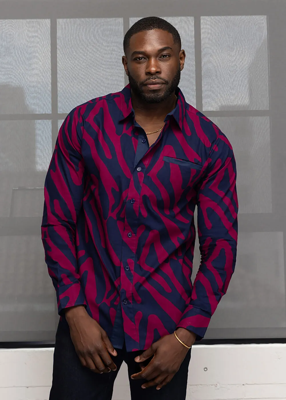 Chane Men's African Print Button-Up Shirt (Berry Zebra Abstract) - Clearance sold by D'iyanu