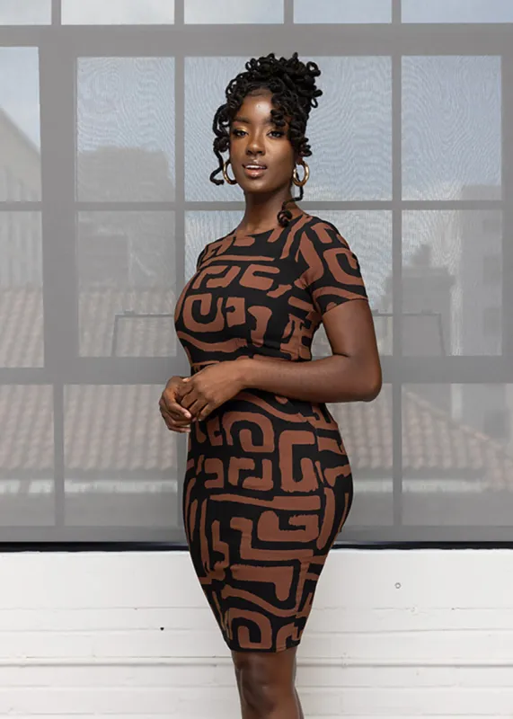 Sabella Women's African Print Stretch Dress (Espresso Geometric) sold by D'iyanu