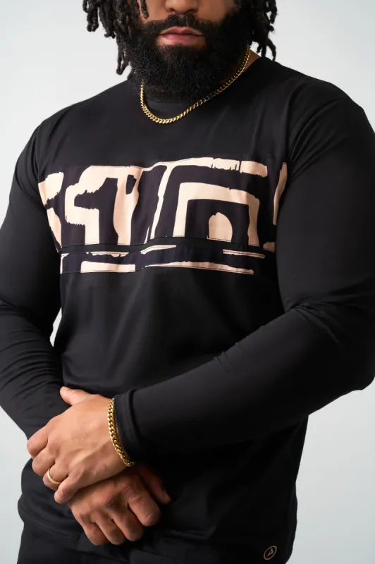 Ore Men's African Print Applique T-Shirt (Black Tan Geometric) sold by D'iyanu