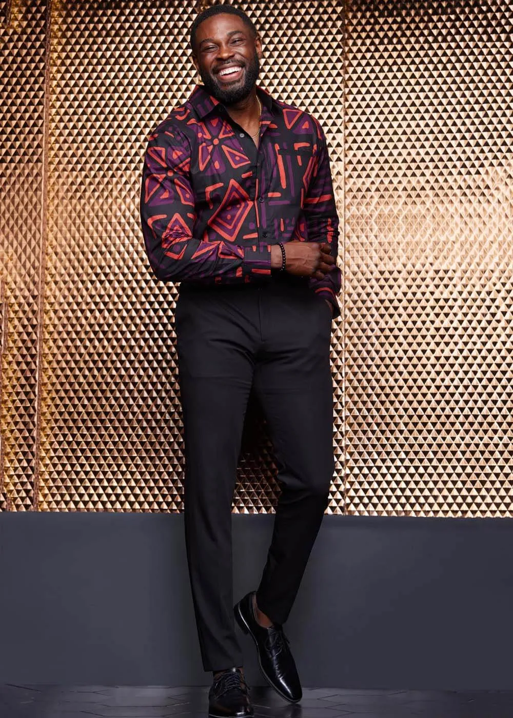 Chane Men's African Print Button-Up Shirt (Black Peach Tribal) sold by D'iyanu product image thumbnail 2