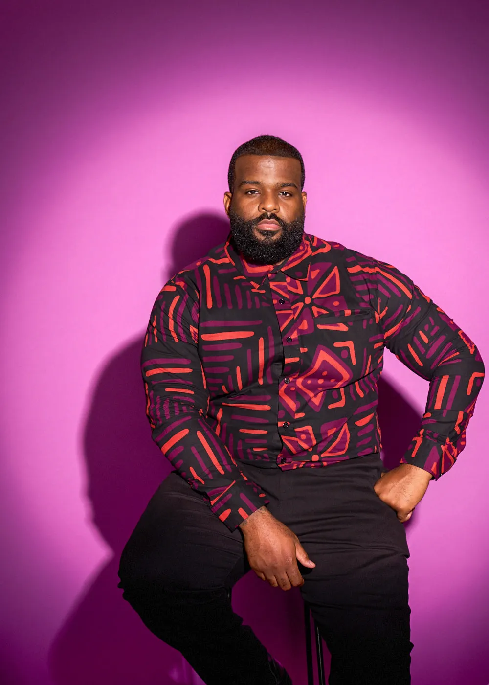 Chane Men's African Print Button-Up Shirt (Black Peach Tribal) sold by D'iyanu product image thumbnail 4