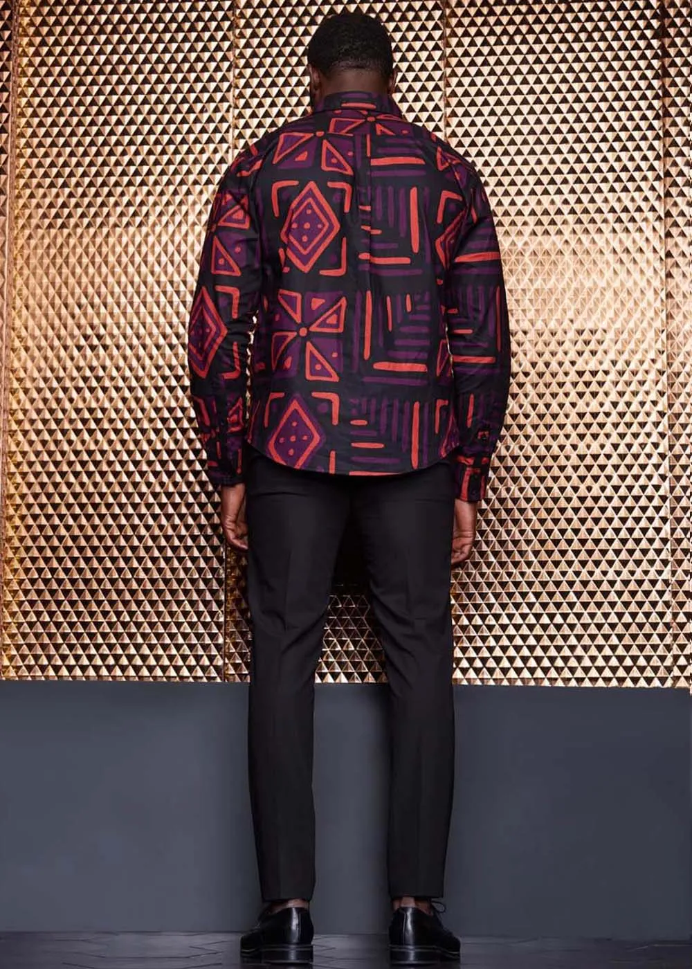 Chane Men's African Print Button-Up Shirt (Black Peach Tribal) sold by D'iyanu product image thumbnail 3