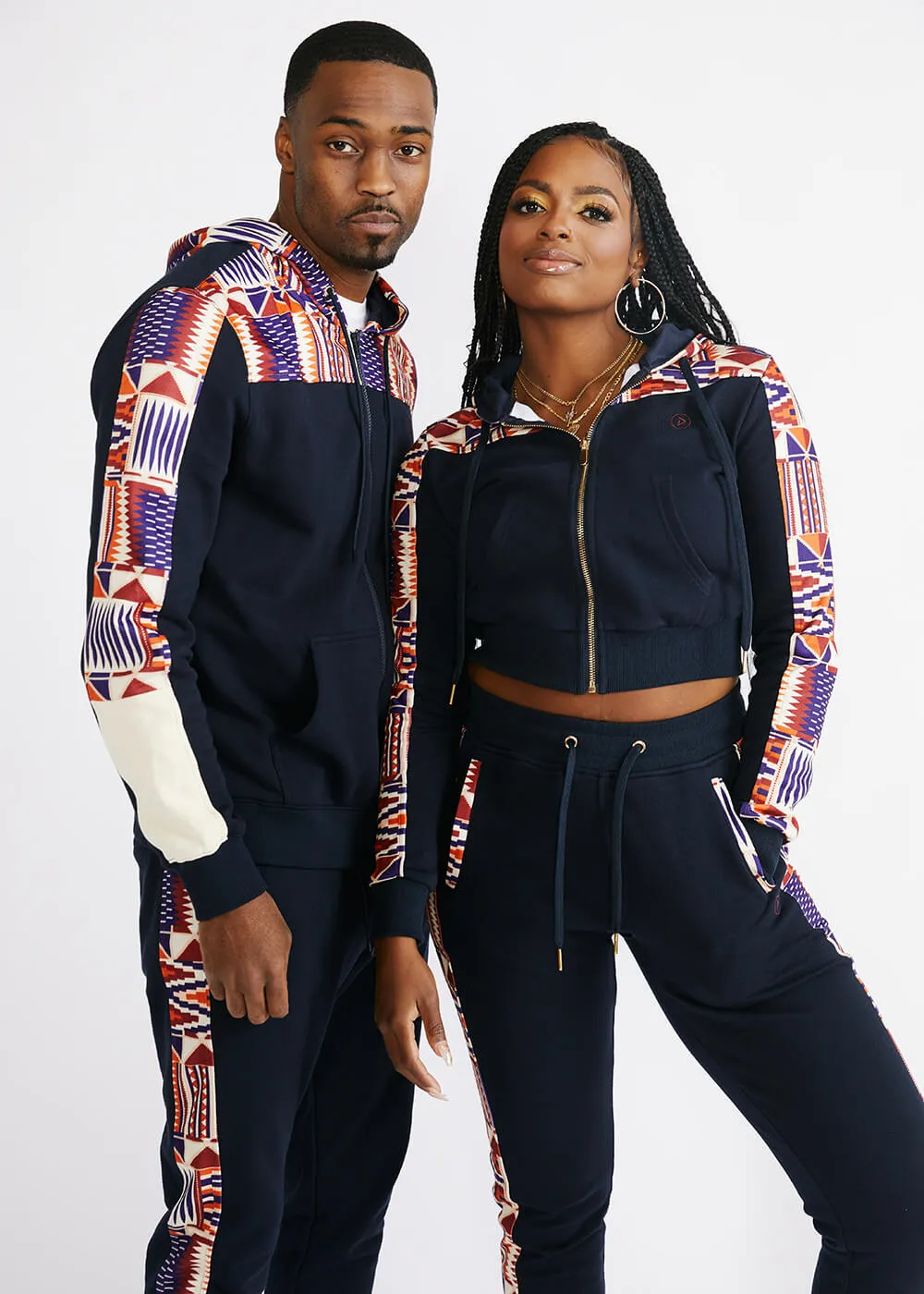 Mojuta Women's African Print Color-Blocked Zip-Up Hoodie (Navy/Cream Maroon Kente) - Clearance sold by D'iyanu product image thumbnail 4