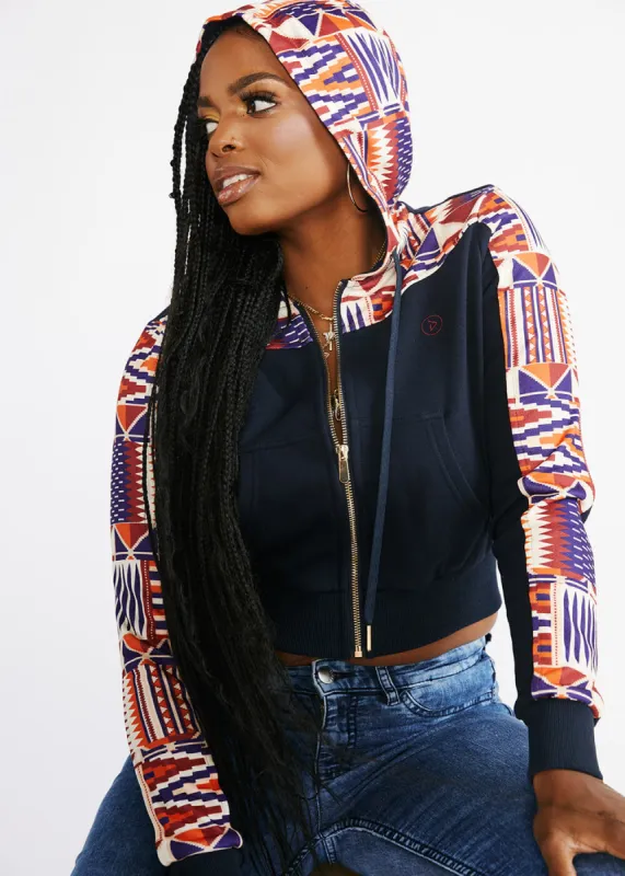 Mojuta Women's African Print Color-Blocked Zip-Up Hoodie (Navy/Cream Maroon Kente) - Clearance sold by D'iyanu