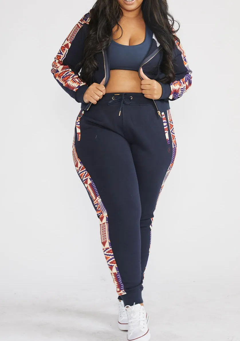 Mojuta Women's African Print Color-Blocked Zip-Up Hoodie (Navy/Cream Maroon Kente) - Clearance sold by D'iyanu product image thumbnail 3