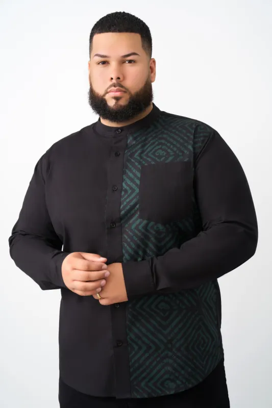Okafo Men's African Print Mandarin Collar Button-up Shirt (Malachite Diamond Adire) sold by D'iyanu