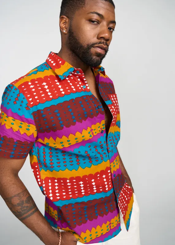 Keyon Men's African Print Button-up Shirt (Orange Teal Adire) sold by D'iyanu