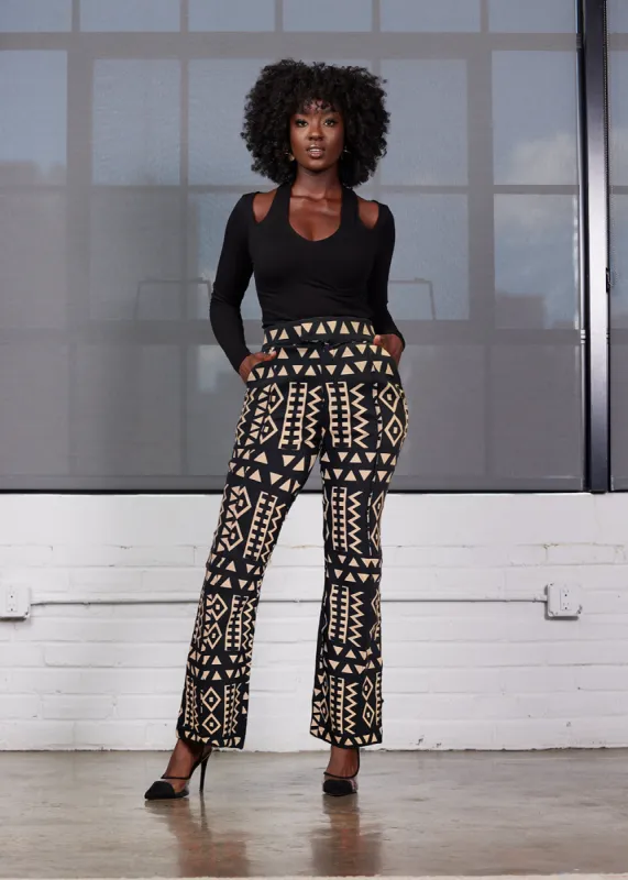 Abebe Women's African Print Stretch Wide Leg Pants (Tan Black Tribal) sold by D'iyanu