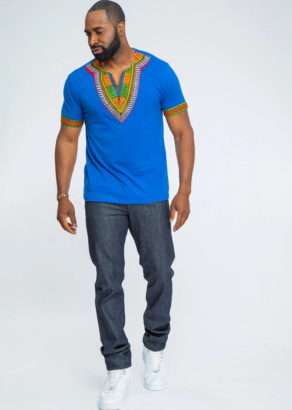 Men's African Print Dashiki T-Shirt (Blue) sold by D'iyanu product image thumbnail 5