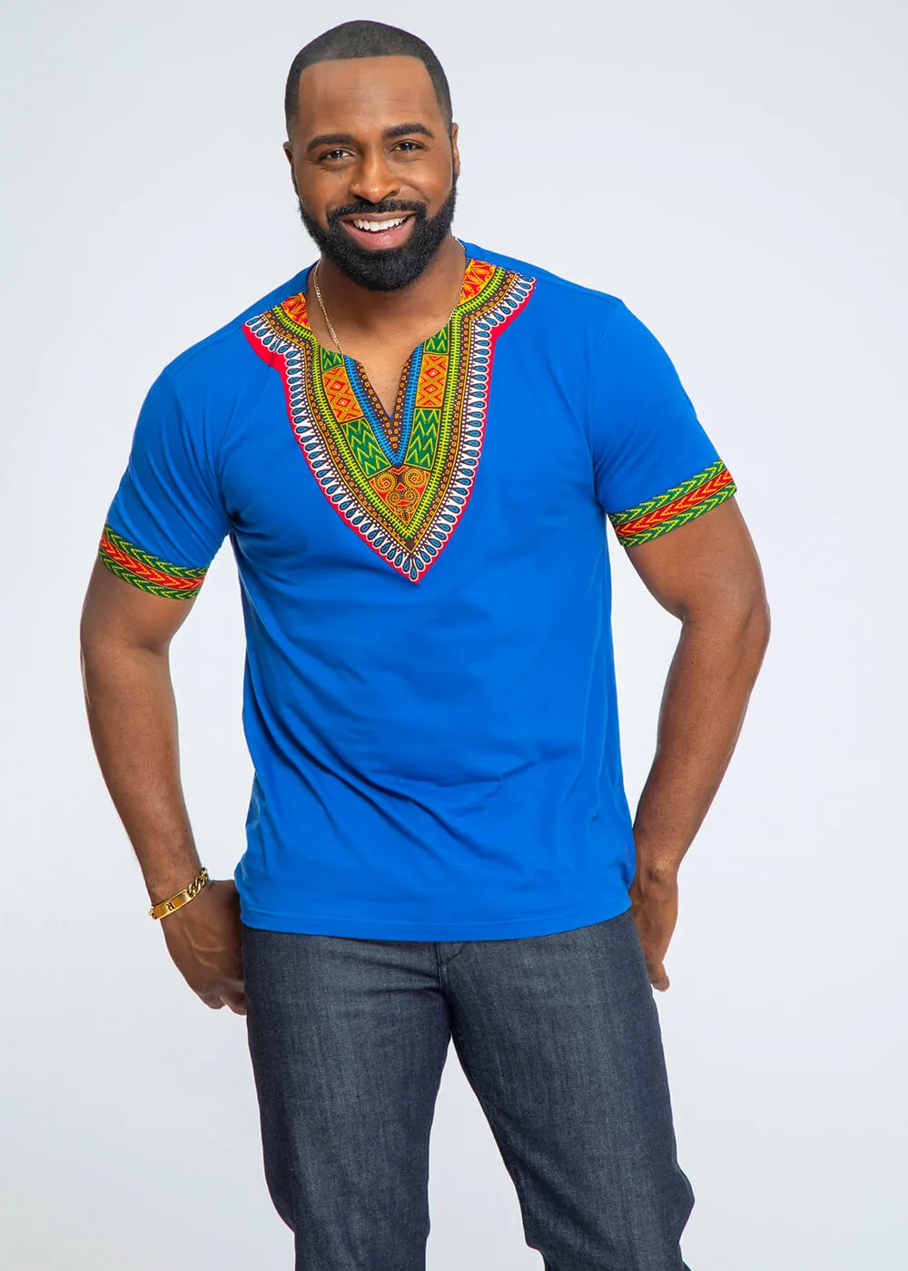 Men's African Print Dashiki T-Shirt (Blue) sold by D'iyanu