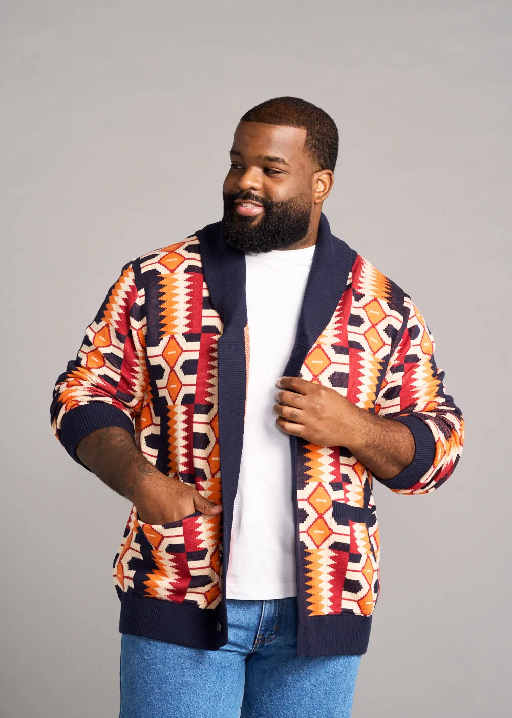 Aren African Print Button-Up Cardigan Sweater (Cream Orange Kente) sold by D'iyanu