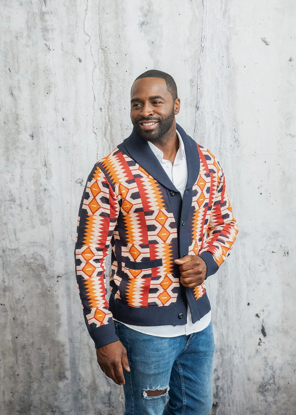 Aren African Print Button-Up Cardigan Sweater (Cream Orange Kente) sold by D'iyanu product image thumbnail 5