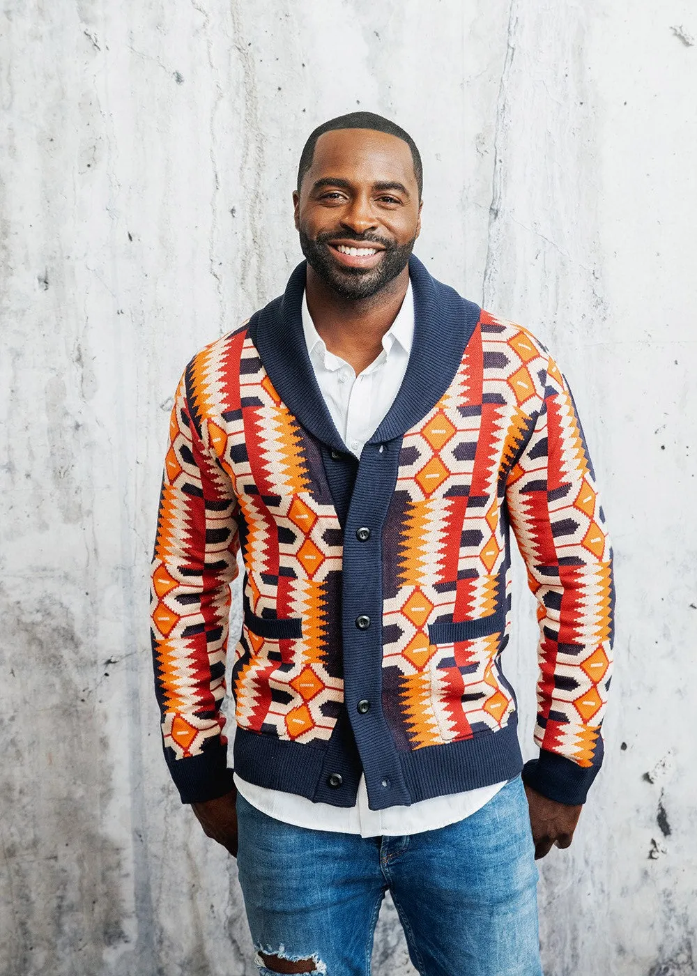 Aren African Print Button-Up Cardigan Sweater (Cream Orange Kente) sold by D'iyanu product image thumbnail 2