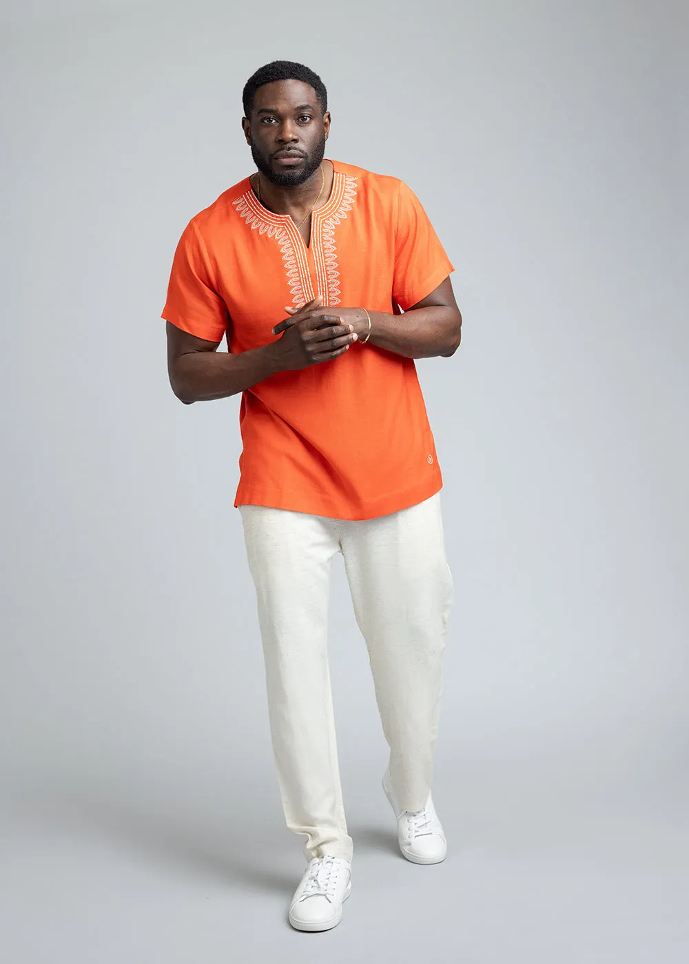 Izibili Men's African Linen Blend Embroidered Tunic Shirt (Deep Coral) sold by D'iyanu product image thumbnail 4