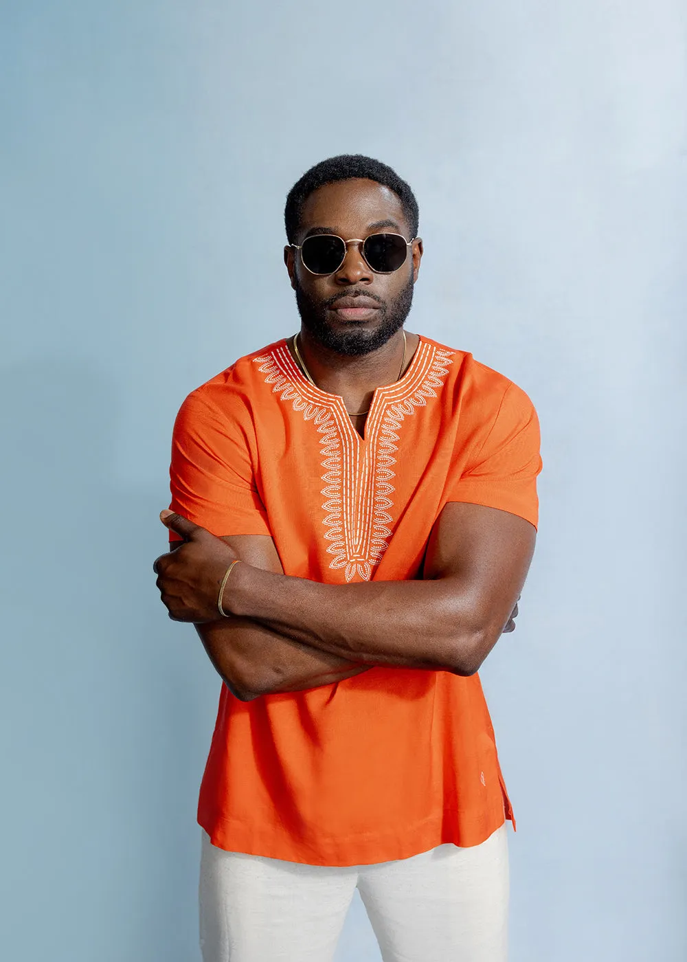 Izibili Men's African Linen Blend Embroidered Tunic Shirt (Deep Coral) sold by D'iyanu product image thumbnail 2