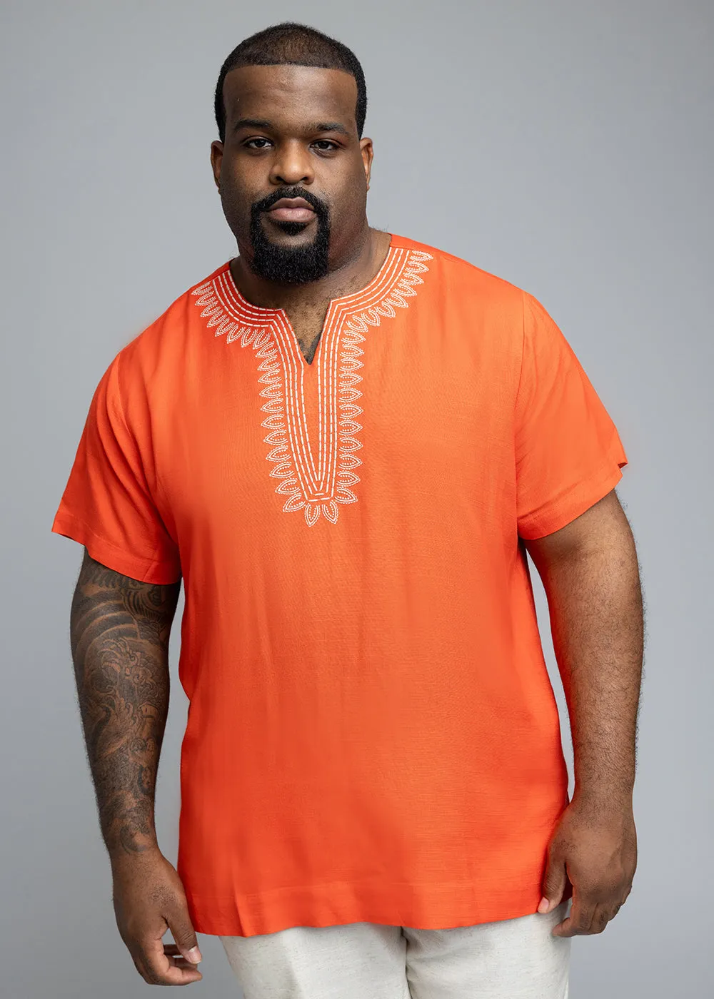Izibili Men's African Linen Blend Embroidered Tunic Shirt (Deep Coral) sold by D'iyanu product image thumbnail 3