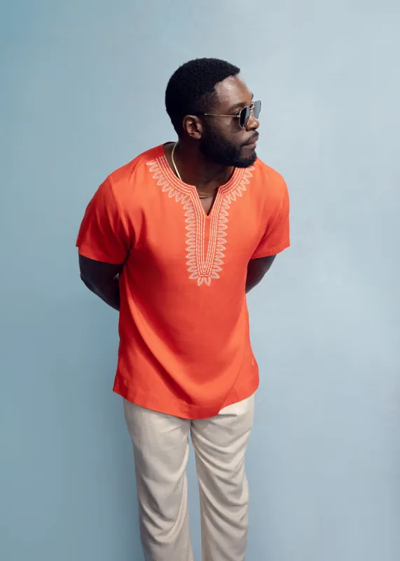 Izibili Men's African Linen Blend Embroidered Tunic Shirt (Deep Coral) sold by D'iyanu