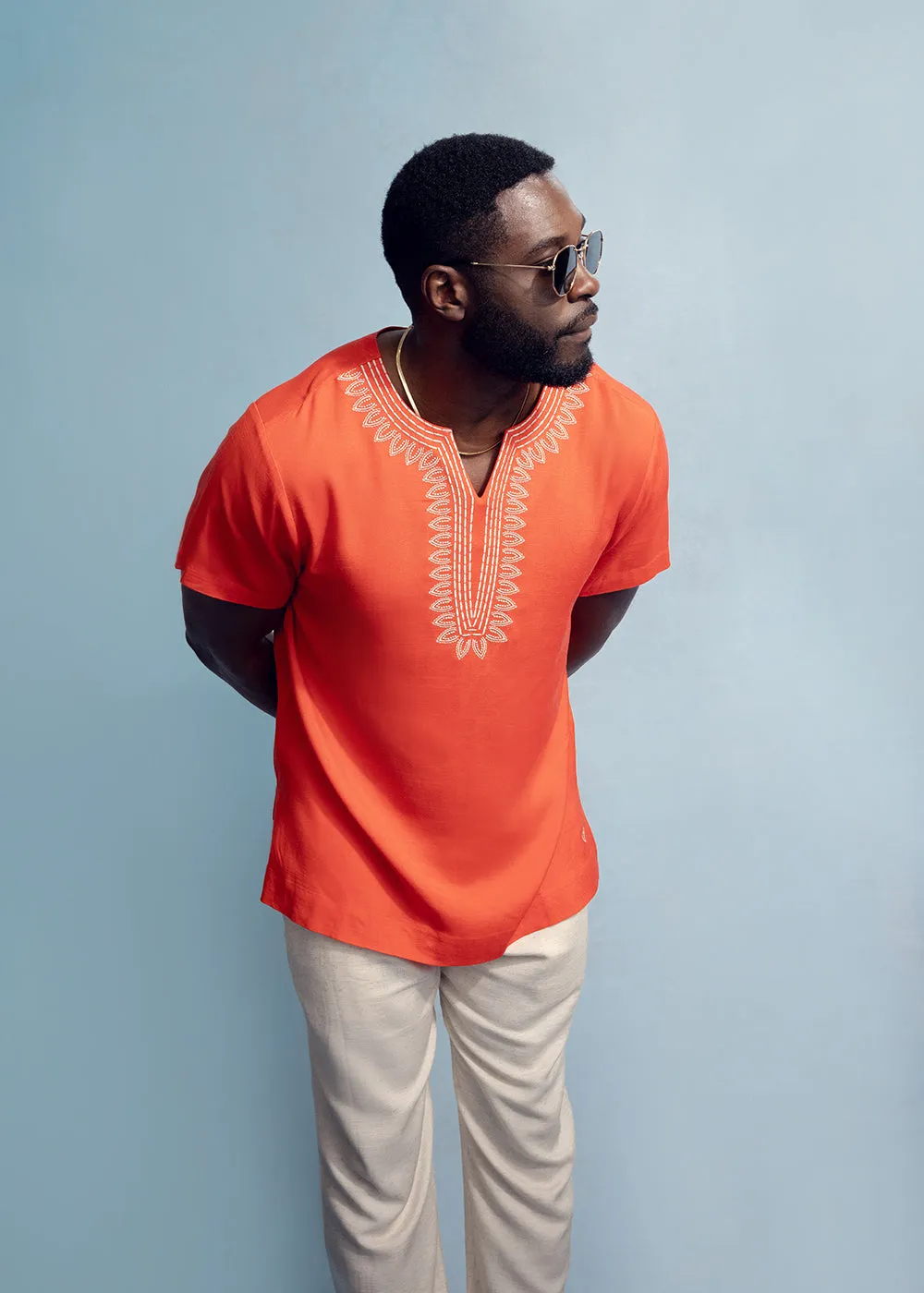 Izibili Men's African Linen Blend Embroidered Tunic Shirt (Deep Coral) sold by D'iyanu