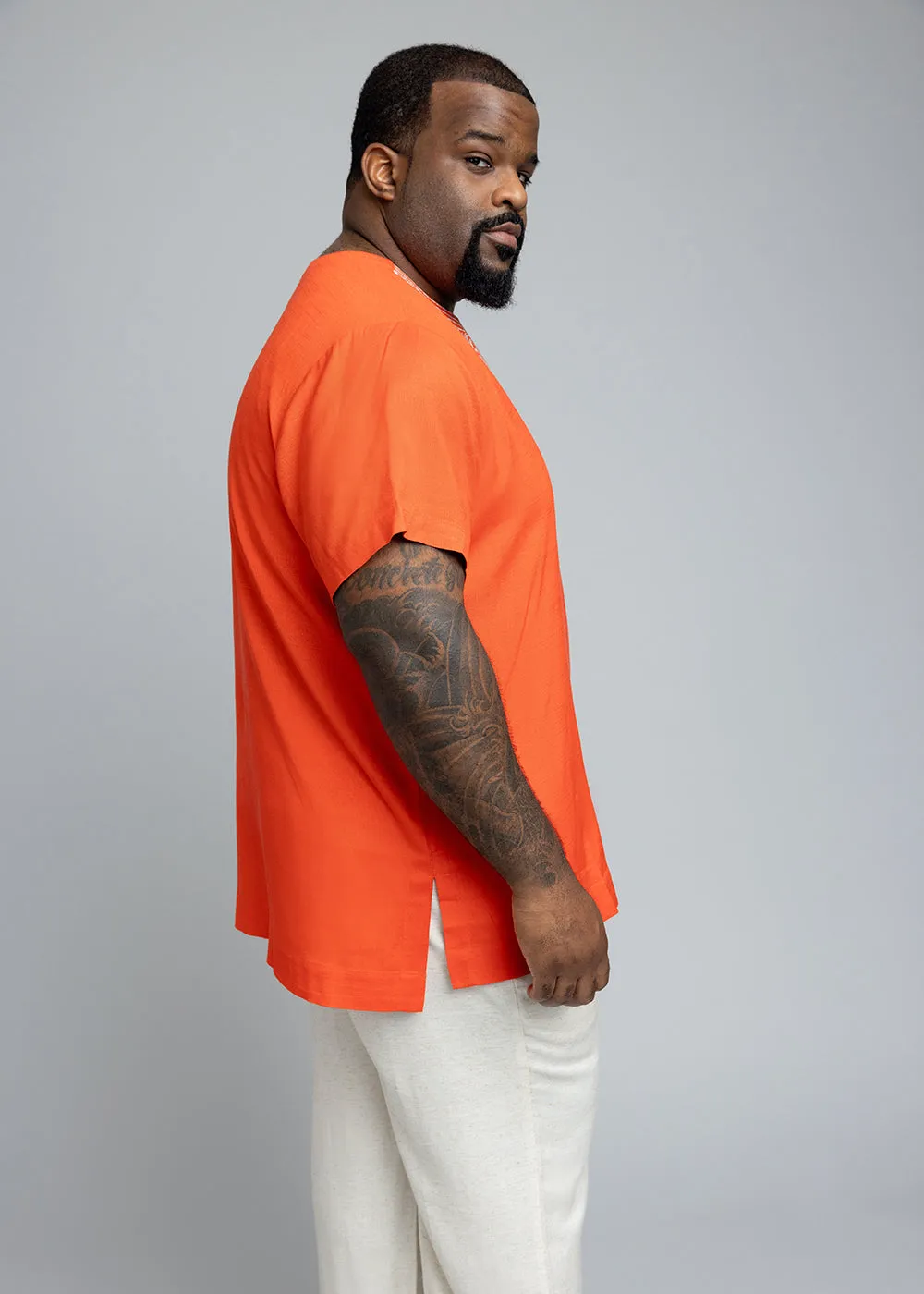 Izibili Men's African Linen Blend Embroidered Tunic Shirt (Deep Coral) sold by D'iyanu product image thumbnail 5