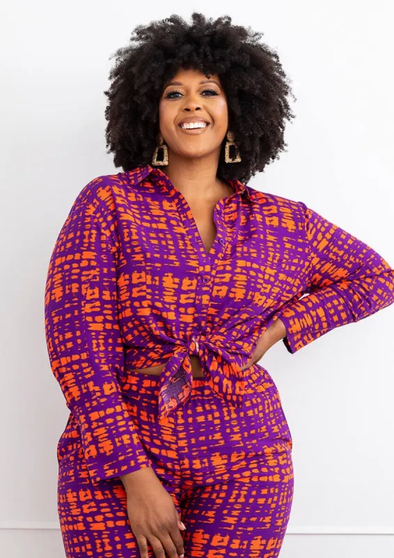 Kwamena Women's African Print Button-Up Shirt (Purple Tangerine Adire) sold by D'iyanu