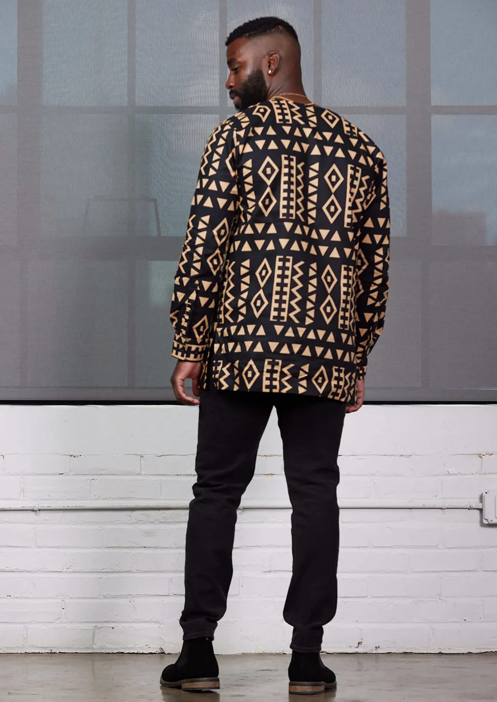 Ibrahim Men's African Print Traditional Shirt (Tan Black Tribal) sold by D'iyanu product image thumbnail 3